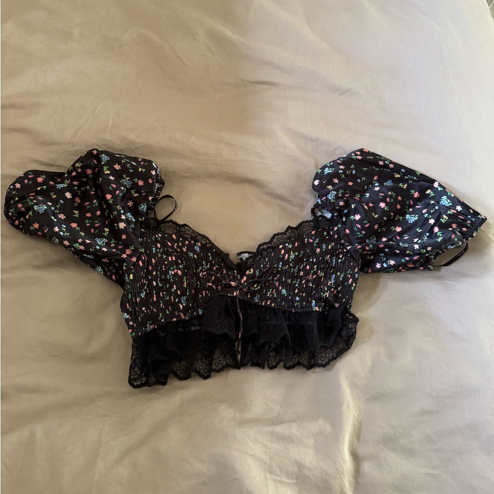 For Love And Lemons Black Floral Crop Top